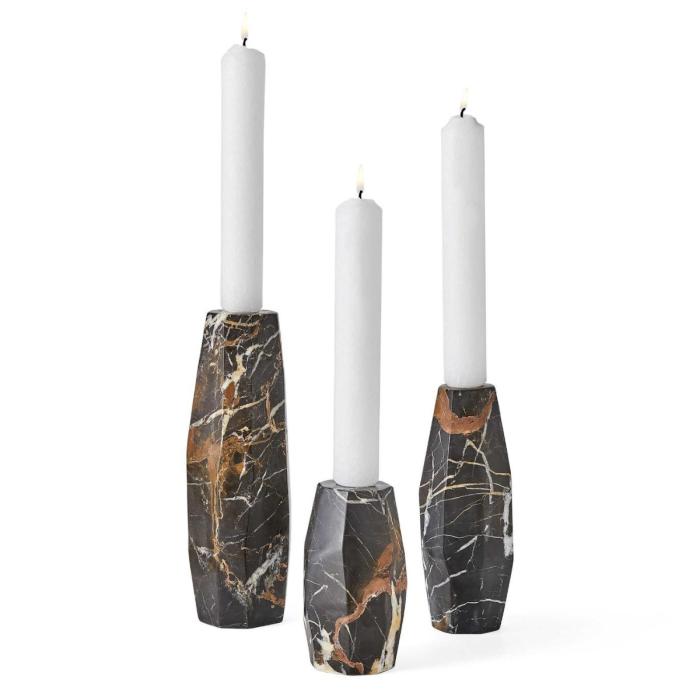 Black Label Multifaceted Taper Candleholders - Marble, Set of 3 1